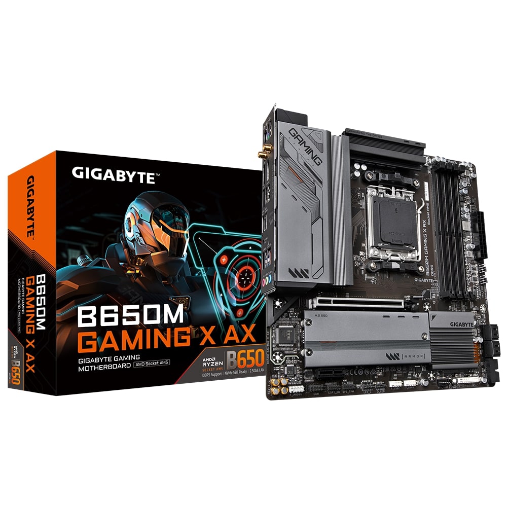 Pilt Gigabyte | B650M GAMING X AX 1.1 M/B | Processor family AMD | Processor socket AM5 | DDR5 DIMM | Memory slots 4 | Supported hard disk drive interfaces 	SATA, M.2 | Number of SATA connectors 4 | Chipset B650 | Micro ATX