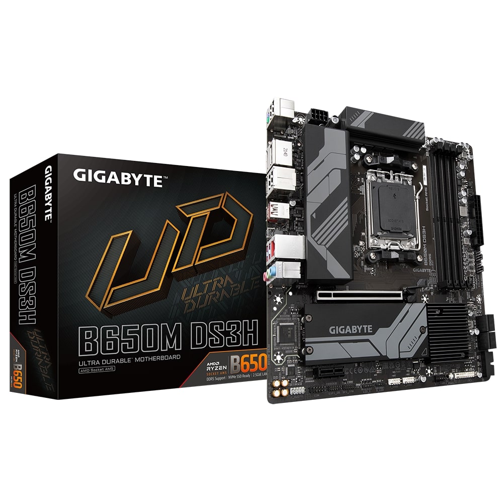 Pilt Gigabyte | B650M DS3H 1.0 M/B | Processor family AMD | Processor socket AM5 | DDR5 DIMM | Memory slots 4 | Supported hard disk drive interfaces 	SATA, M.2 | Number of SATA connectors 4 | Chipset B650 | Micro ATX