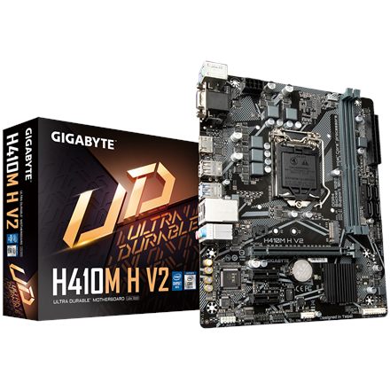 Pilt Gigabyte | H410M H V2 1.0 M/B | Processor family Intel | GB | Processor socket LGA1200 | DDR4 DIMM | Memory slots 2 | Supported hard disk drive interfaces SATA, M.2 | Number of SATA connectors 4 | Chipset Micro ATX | Intel H | Memory clock speed  MHz | Processor frequency  MHz