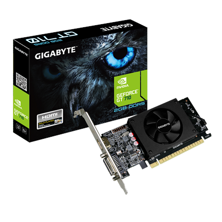 Pilt Gigabyte | Low Profile | NVIDIA | 2 GB | GeForce GT 710 | GDDR5 | Cooling type Active | HDMI ports quantity 1 | PCI Express 2.0 | Memory clock speed 5010 MHz | Processor frequency 954 MHz