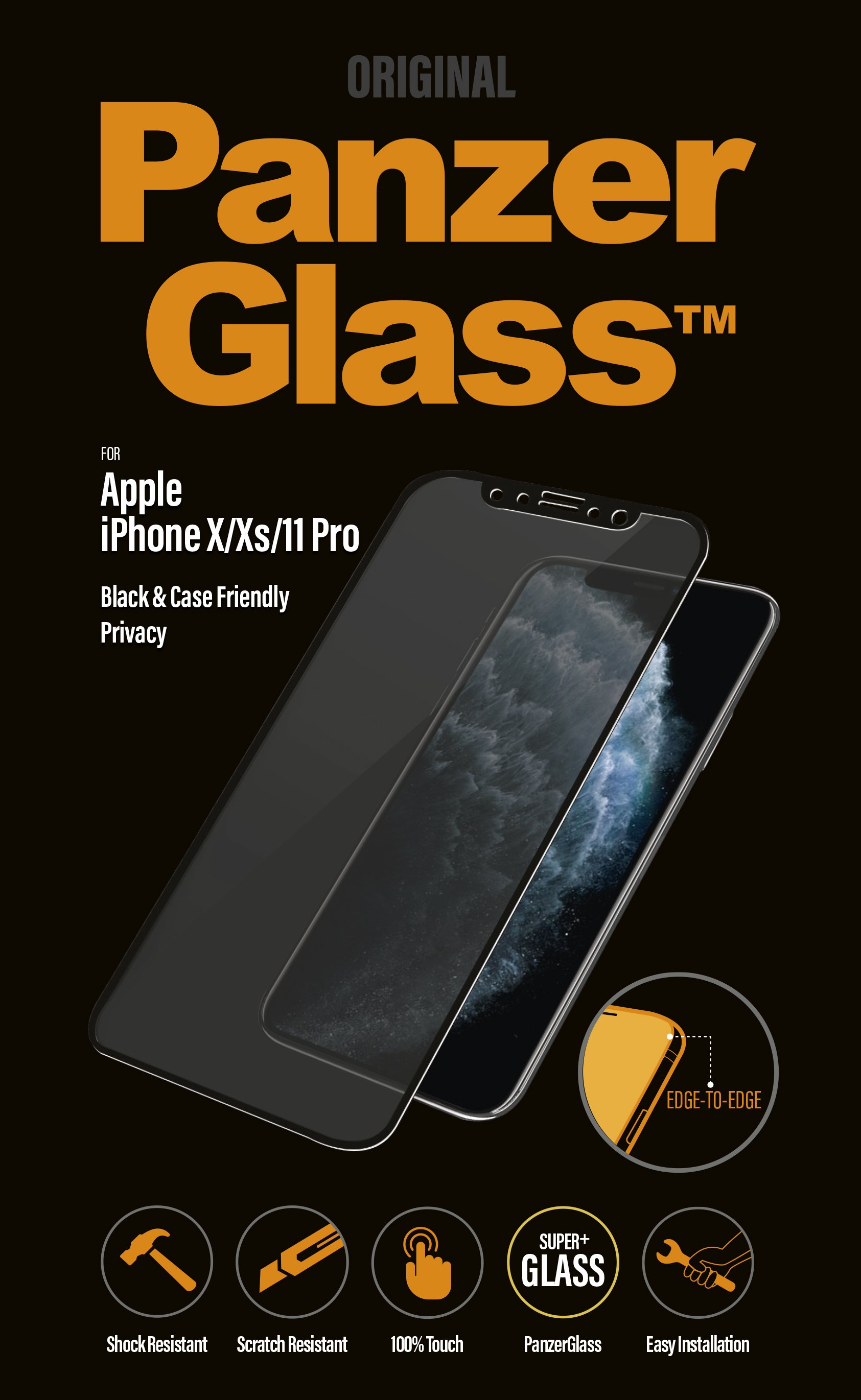 Pilt anzerGlass | P2666 | Screen protector | Apple | iPhone X/Xs/11 Pro | Tempered glass | Black | Confidentiality filter; Full frame coverage; Anti-shatter film (holds the glass together and protects against glass shards in case of breakage); Case Friendly – compatible with all Cases; Anti-glare coating (reduces light reflection); Blue light reduction; Easy Installation with full adhesive; Oleophobic 