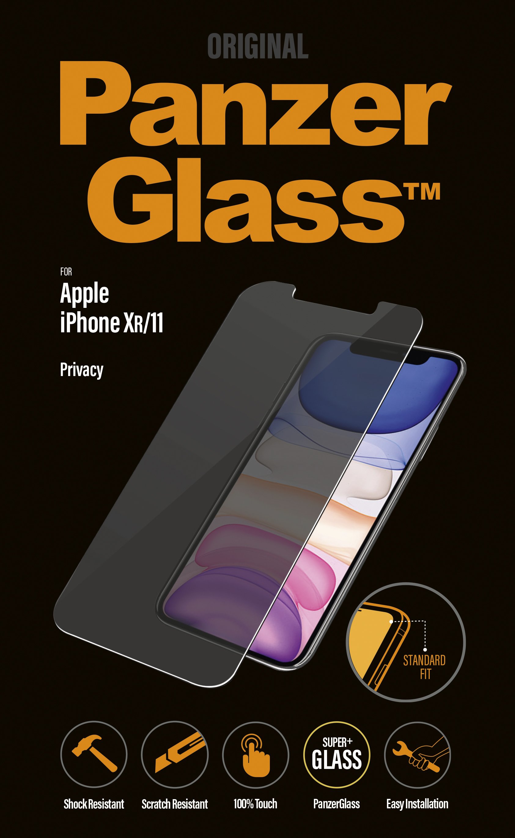 Pilt anzerGlass | P2662 | Screen protector | Apple | iPhone Xr/11 | Tempered glass | Transparent | Confidentiality filter; Anti-shatter film (holds the glass together and protects against glass shards in case of breakage); Easy Installation with full adhesive; Compatible with all Cases; Anti-glare coating (reduces light reflection); Blue light reduction; Oleophobic layer (anti-bacterial + anti-fingerpr