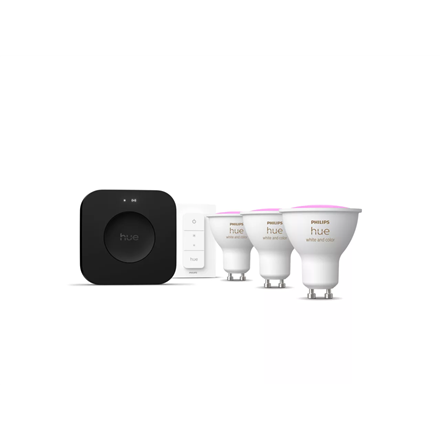 Pilt Philips Hue Starter set: 3 GU10 bulbs, dimmer switch, Hue Bridge Pro | GU10 | Zigbee, Wi-Fi, Bluetooth