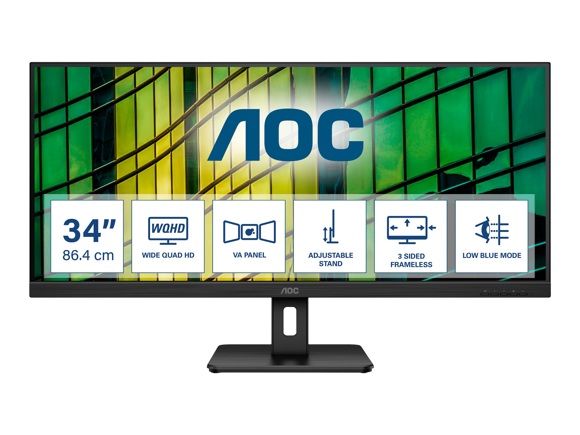 Pilt AOC | Monitor | U34E2M | 34 " | VA | WQHD | 21:9 | 100 Hz | 4 ms | 3440 x 1440 | 300 cd/m² | HDMI ports quantity 2 | Black