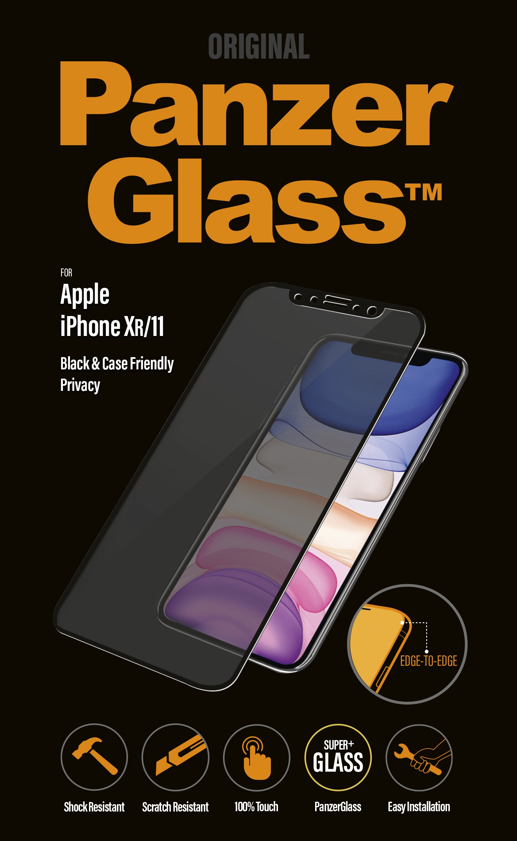 Pilt anzerGlass | P2665 | Screen protector | Apple | iPhone Xr/11 | Tempered glass | Black | Confidentiality filter; Full frame coverage; Anti-shatter film (holds the glass together and protects against glass shards in case of breakage); Case Friendly – compatible with all Cases; Anti-glare coating (reduces light reflection); Blue light reduction; Easy Installation with full adhesive; Oleophobic layer 