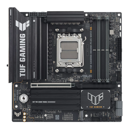 Pilt Asus TUF GAMING B850M-PLUS WIFI7 | Processor family AMD | Processor socket AM5 | DDR5 | Supported hard disk drive interfaces SATA, M.2 | Number of SATA connectors 4