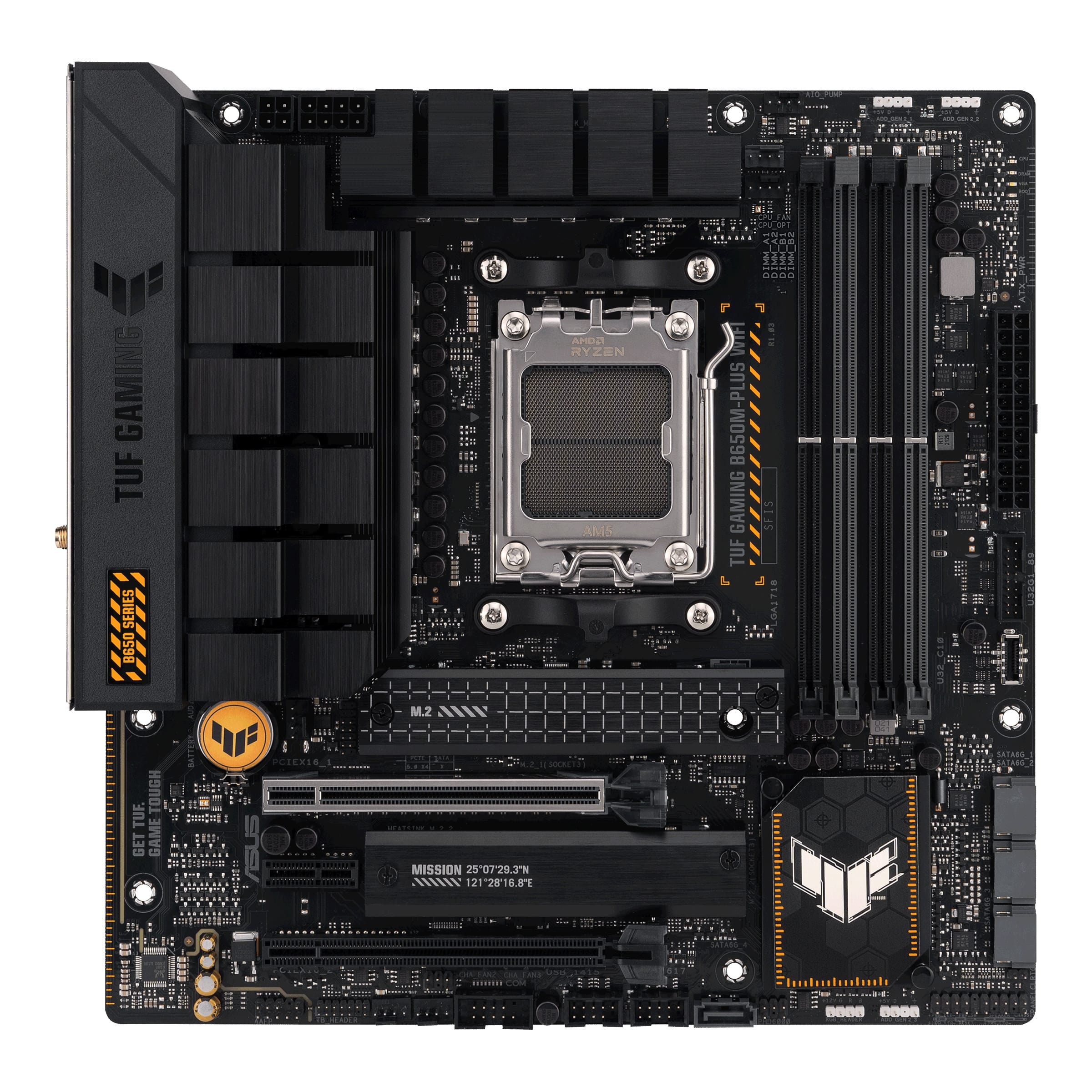 Pilt Asus | TUF GAMING B650M-PLUS WIFI | Processor family AMD | Processor socket AM5 | DDR5 DIMM | Memory slots 4 | Supported hard disk drive interfaces 	SATA, M.2 | Number of SATA connectors 4 | Chipset AMD B650 | micro-ATX