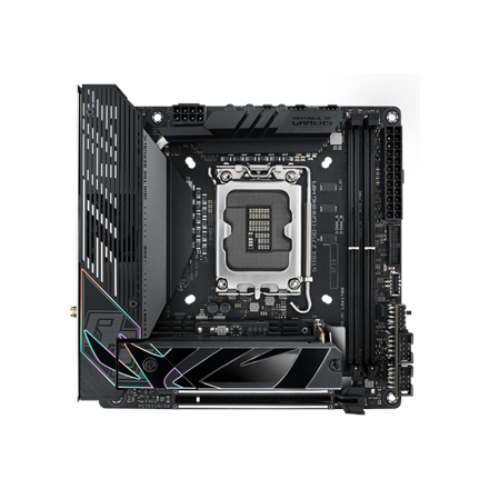 Pilt Asus | ROG STRIX Z790-I GAMING WIFI | Processor family Intel | Processor socket  LGA1700 | DDR5 DIMM | Memory slots 2 | Supported hard disk drive interfaces 	SATA, M.2 | Number of SATA connectors 2 | Chipset  Intel Z790 | Mini-ITX