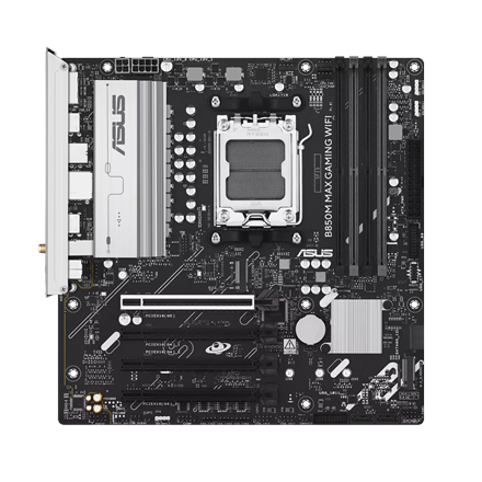 Pilt Asus B850M MAX GAMING WIFI | Processor family AMD | Processor socket AM5 | DDR5 | Supported hard disk drive interfaces SATA, M.2 | Number of SATA connectors 4