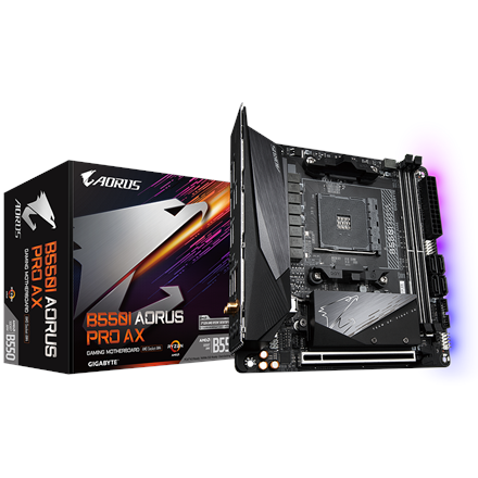 Pilt Gigabyte | B550I AORUS PRO AX 1.0 | Processor family AMD | Processor socket AM4 | DDR4 DIMM | Memory slots 2 | Chipset AMD B | Mini ITX