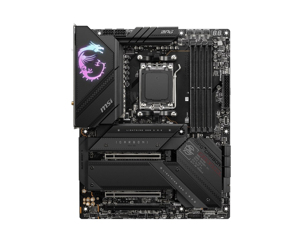 Pilt MSI | MPG X670E CARBON WIFI | Processor family AMD | Processor socket AM5 | DDR5 DIMM | Memory slots 4 | Supported hard disk drive interfaces 	SATA, M.2 | Number of SATA connectors 6 | Chipset AMD X670 | ATX