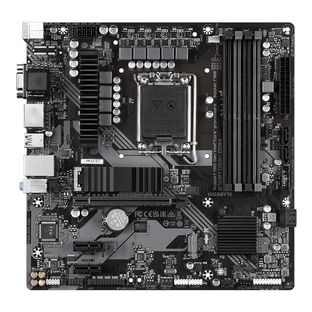 Pilt Gigabyte | B760M DS3H DDR4 1.0 M/B | Processor family Intel | Processor socket  LGA1700 | DDR4 DIMM | Memory slots 4 | Supported hard disk drive interfaces 	SATA, M.2 | Number of SATA connectors 4 | Chipset Intel B760 Express | Micro ATX