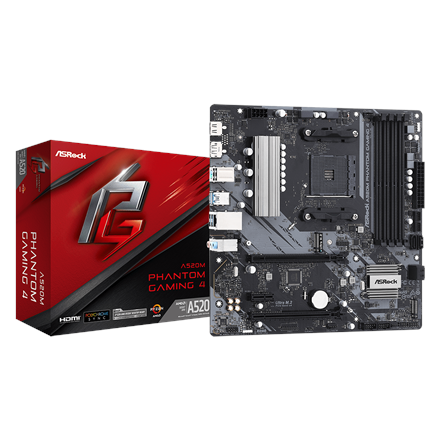 Pilt ASRock | A520M PHANTOM GAMING 4 | Processor family AMD | Processor socket AM4 | DDR4 DIMM | Memory slots 4 | Supported hard disk drive interfaces 	SATA, M.2 | Number of SATA connectors 4 | Chipset AMD A520 | Micro ATX