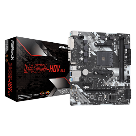 Pilt ASRock | B450M-HDV R4.0 | Processor family AMD | Processor socket AM4 | DDR4 DIMM | Memory slots 2 | Supported hard disk drive interfaces 	SATA, M.2 | Number of SATA connectors 4 | Chipset AMD Promontory B450 | Micro ATX