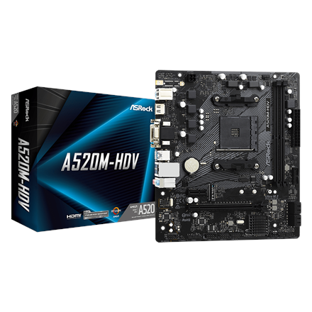 Pilt ASRock | A520M-HDV | Processor family AMD | Processor socket AM4 | DDR4 DIMM | Memory slots 2 | Supported hard disk drive interfaces 	SATA, M.2 | Number of SATA connectors 4 | Chipset AMD A520 | Micro ATX