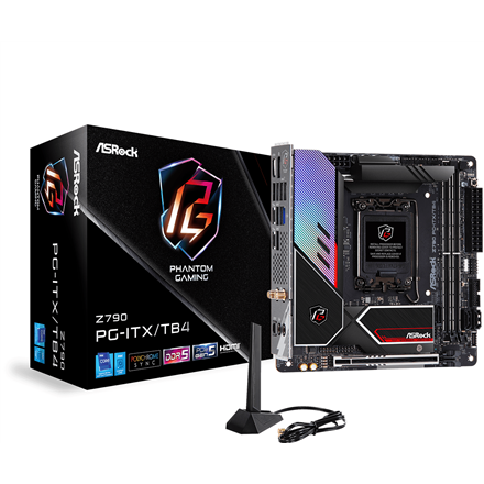 Pilt ASRock | Z790 PG-ITX/TB4 | Processor family Intel | Processor socket  LGA1700 | DDR5 DIMM | Memory slots 2 | Supported hard disk drive interfaces 	SATA, M.2 | Number of SATA connectors 3 | Chipset Intel Z790 | Mini-ITX