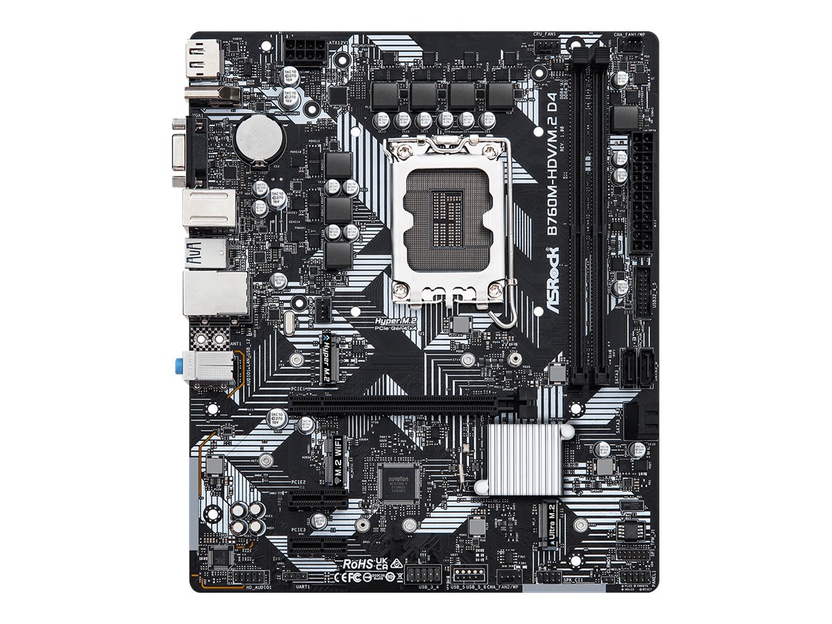 Pilt ASRock | B760M-HDV/M.2 D4 | Processor family Intel | Processor socket  LGA1700 | DDR4 DIMM | Memory slots 2 | Supported hard disk drive interfaces SATA, M.2 | Number of SATA connectors 4 | Chipset Intel B760 | Micro ATX