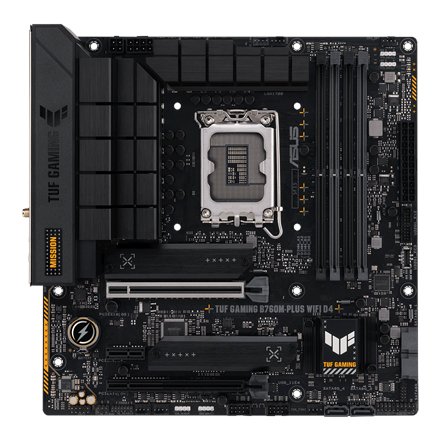 Pilt Asus | TUF GAMING B760M-PLUS WIFI D4 | Processor family Intel | Processor socket  LGA1700 | DDR4 DIMM | Memory slots 4 | Supported hard disk drive interfaces 	SATA, M.2 | Number of SATA connectors 4 | Chipset  Intel B760 | mATX