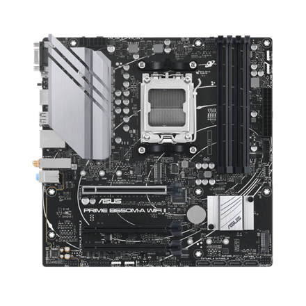 Pilt Asus | PRIME B650M-A WIFI II | Processor family AMD | Processor socket AM5 | DDR5 DIMM | Memory slots 4 | Supported hard disk drive interfaces 	SATA, M.2 | Number of SATA connectors 4 | Chipset  AMD B650 | mATX
