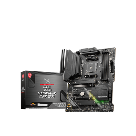 Pilt MSI | MAG B550 TOMAHAWK MAX WIFI | Processor family AMD | Processor socket AM4 | DDR4 DIMM | Memory slots 4 | Supported hard disk drive interfaces 	SATA, M.2 | Number of SATA connectors 6 | Chipset AMD B550 | ATX