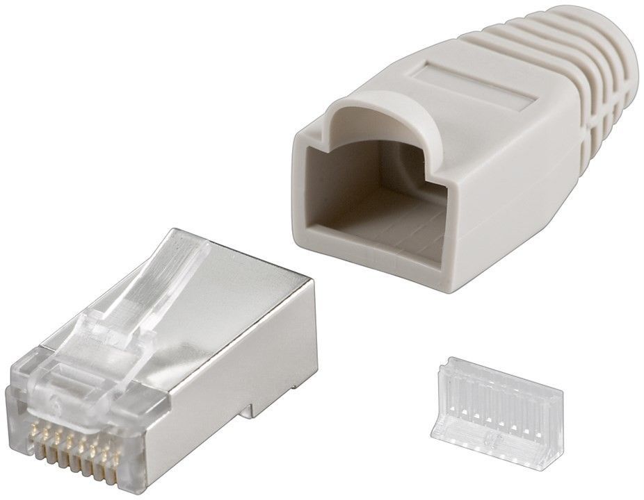Pilt oobay 68746  RJ45 plug, CAT 5e STP shielded with strain-relief boot, grey | for round cable with Threader   cable lead in 6.4 mm single packed (1 set per polybag)  Technical specifications  Connections  Connection, type  RJ45 male (8P8C)   Connection, contact material  gold-plated 3µ   Contacting  8 Pin   Cable  Specification  CAT 5e   Shielding class  STP   AWG  26-24   General  Consumption Unit 
