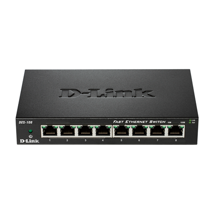 Pilt D-Link | Ethernet Switch | DES-108/E | Unmanaged | Desktop | 10/100 Mbps (RJ-45) ports quantity 8 | 1 Gbps (RJ-45) ports quantity | SFP ports quantity | PoE ports quantity | PoE+ ports quantity | Power supply type | 60 month(s)