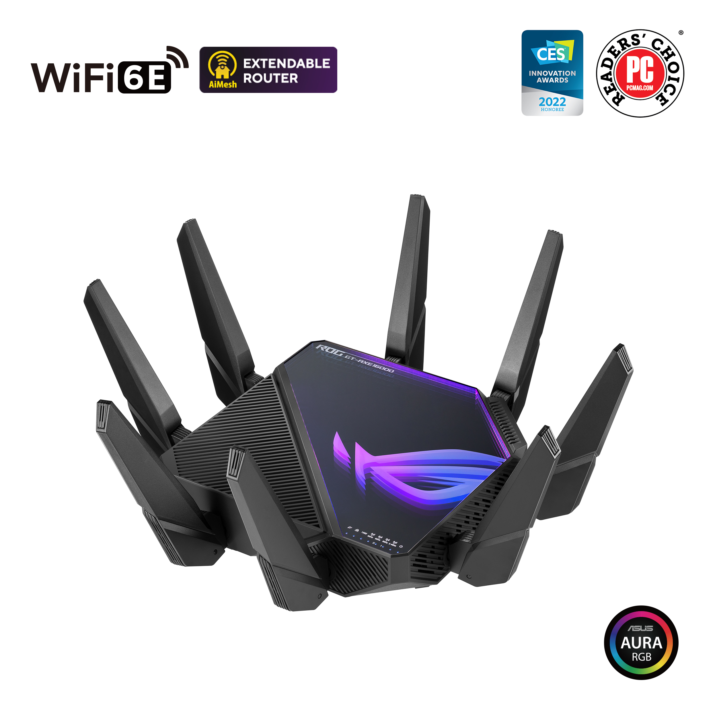 Pilt Wifi 6 802.11ax Quad-band Gigabit Gaming Router | ROG GT-AXE16000 Rapture | 802.11ax | 1148+4804+4804+48004 Mbit/s | 10/100/1000 Mbit/s | Ethernet LAN (RJ-45) ports 4 | Mesh Support Yes | MU-MiMO Yes | No mobile broadband | Antenna type External/Internal | 1xUSB 3.2, 1x USB 2.0 | month(s)