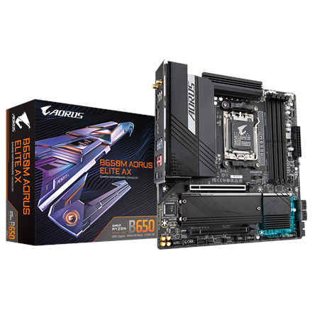 Pilt Gigabyte | B650M AORUS ELITE AX 1.0 M/B | Processor family AMD | Processor socket AM5 | DDR5 DIMM | Memory slots 4 | Supported hard disk drive interfaces 	SATA, M.2 | Number of SATA connectors 4 | Chipset AMD B650 | Micro ATX