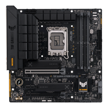 Pilt Asus | TUF GAMING B760M-PLUS D4 | Processor family Intel | Processor socket  LGA1700 | DDR4 DIMM | Memory slots 4 | Supported hard disk drive interfaces 	SATA, M.2 | Number of SATA connectors 4 | Chipset  Intel B760 | mATX