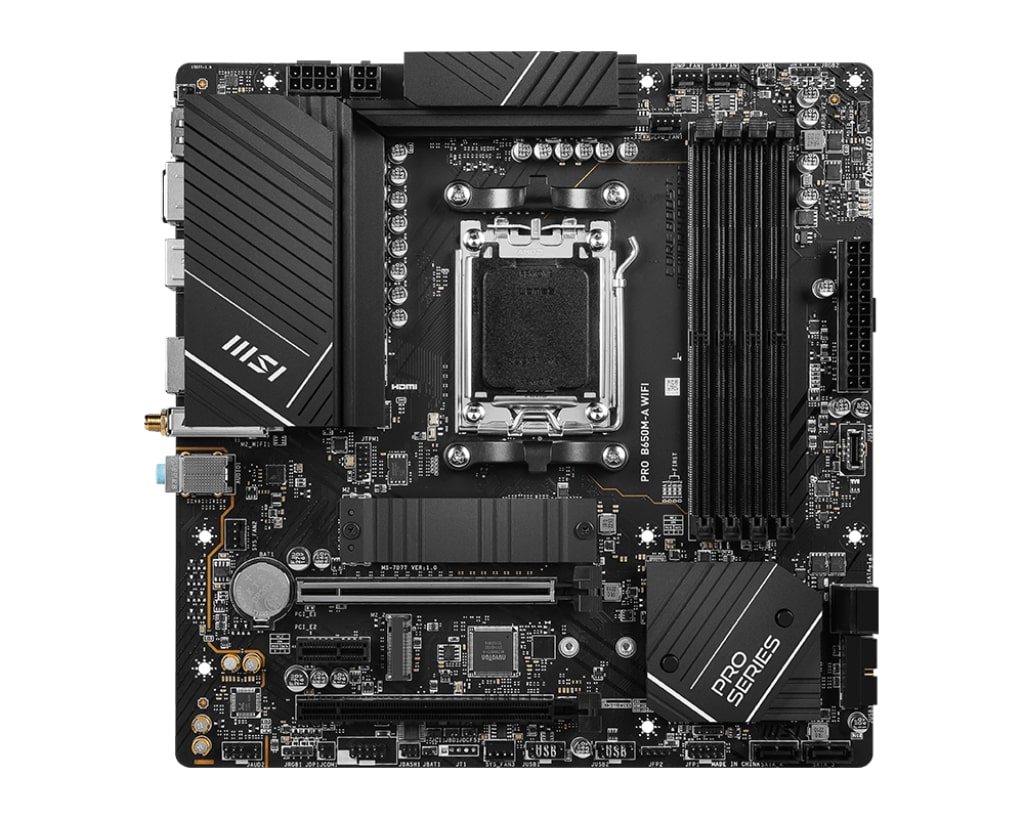 Pilt MSI | PRO B650M-A WIFI | Processor family AMD | Processor socket AM5 | DDR5 DIMM | Memory slots 4 | Supported hard disk drive interfaces 	SATA, M.2 | Number of SATA connectors 4 | Chipset AMD B650 | mATX