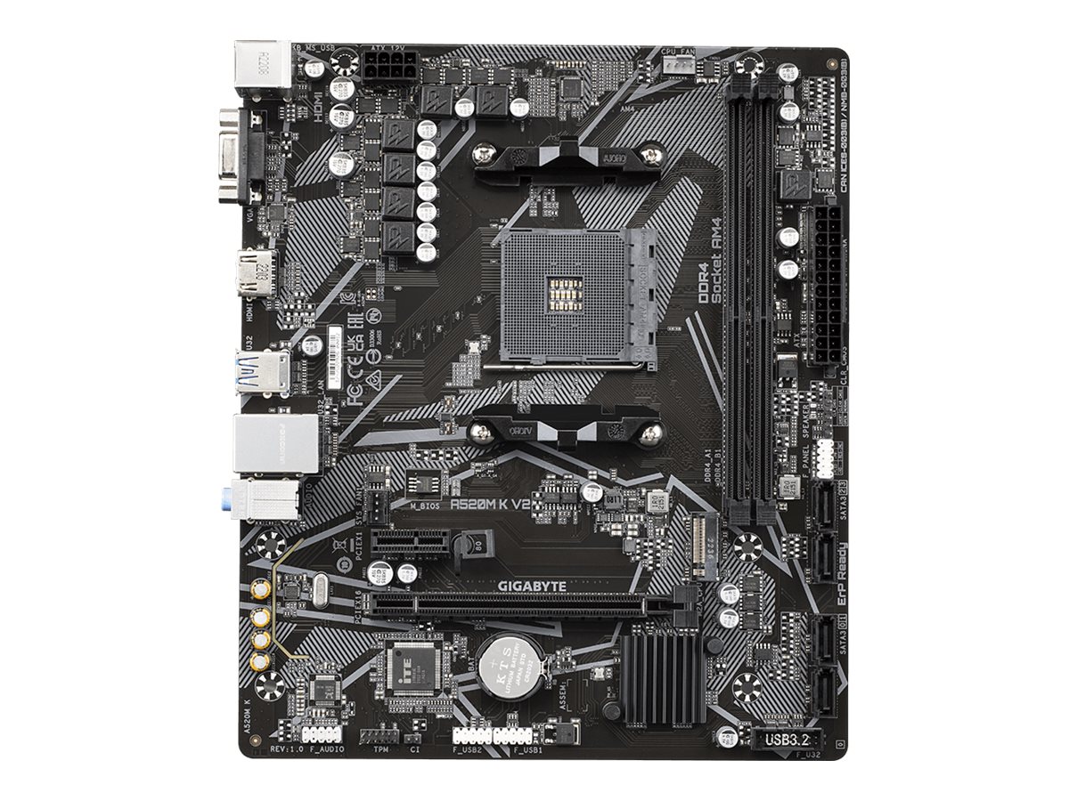 Pilt Gigabyte | A520M K V2 1.0 M/B | Processor family AMD | Processor socket AM4 | DDR4 DIMM | Memory slots 2 | Supported hard disk drive interfaces 	SATA, M.2 | Number of SATA connectors 4 | Chipset AMD A520 | Micro ATX