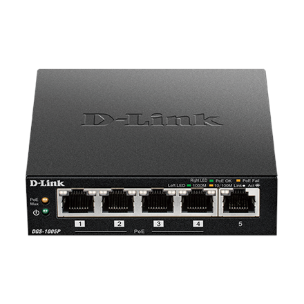 Pilt D-Link | Switch | DGS-1005P | Unmanaged | Desktop | Gigabit Ethernet (copper) ports quantity 5 | Power over Ethernet (PoE) ports quantity 4 | Power supply type External