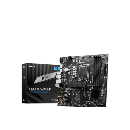 Pilt MSI | PRO B760M-P | Processor family Intel | Processor socket  LGA1700 | DDR5 DIMM | Memory slots 4 | Supported hard disk drive interfaces 	SATA, M.2 | Number of SATA connectors 4 | Chipset Intel B760 | mATX