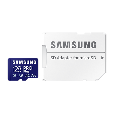 Pilt Samsung | MicroSD Card with SD Adapter | PRO Plus | 128 GB | microSDXC Memory Card | Flash memory class U3, V30, A2 | SD adapter