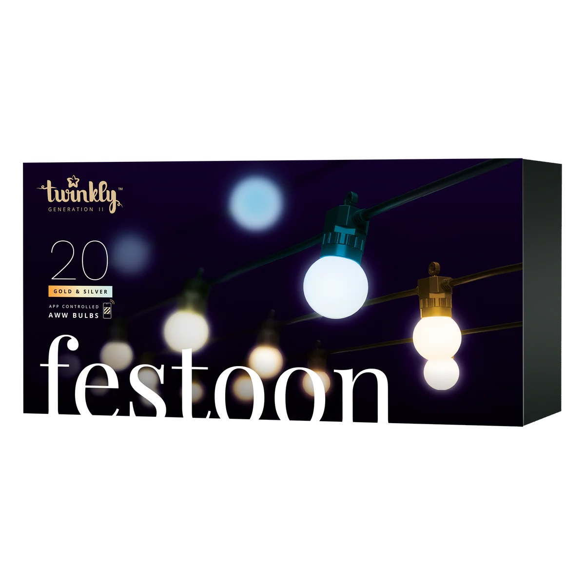 Pilt Twinkly | Festoon Smart LED Lights 40 AWW (Gold+Silver) G45 bulbs, 20m | AWW – Cool to Warm white