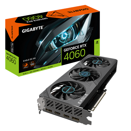 Pilt Gigabyte | GV-N4060EAGLE OC-8GD 1.0 | NVIDIA | 8 GB | GeForce RTX 4060 | GDDR6 | HDMI ports quantity 2 | PCI-E 4.0 | Memory clock speed 17000 MHz