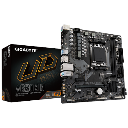 Pilt Gigabyte | A620M H 1.0 M/B | Processor family AMD | Processor socket AM5 | DDR5 DIMM | Memory slots 2 | Supported hard disk drive interfaces 	SATA, M.2 | Number of SATA connectors 4 | Chipset AMD A620 | Micro ATX