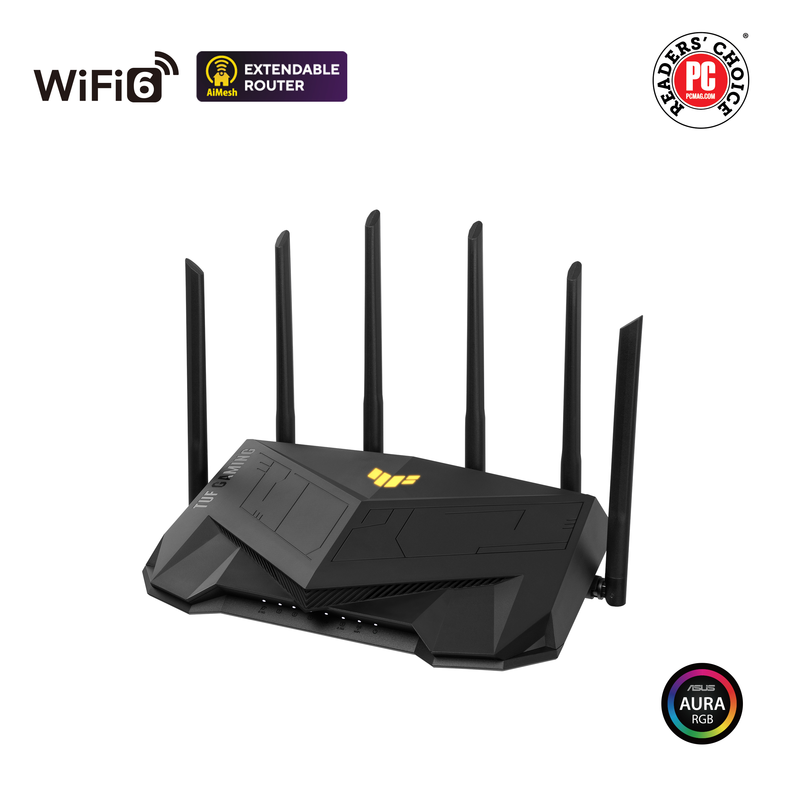 Pilt Dual Band WiFi6 Gigabit Router | TUF Gaming AX6000 | 802.11ax | 1148+4804 Mbit/s | 10/100/1000 Mbit/s | Ethernet LAN (RJ-45) ports 5 | Mesh Support Yes | MU-MiMO Yes | No mobile broadband | Antenna type External