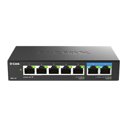 Pilt D-Link | 7-Port Multi-Gigabit Unmanaged Switch | DMS-107/E | Unmanaged | Desktop | 1 Gbps (RJ-45) ports quantity | SFP ports quantity | PoE ports quantity | PoE+ ports quantity | Power supply type External | month(s)