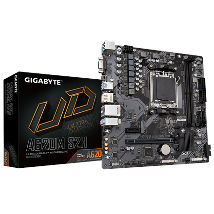 Pilt Gigabyte | A620M S2H 1.0 M/B | Processor family AMD | Processor socket AM5 | DDR5 DIMM | Memory slots 2 | Supported hard disk drive interfaces 	SATA, M.2 | Number of SATA connectors 4 | Chipset AMD A620 | Micro ATX